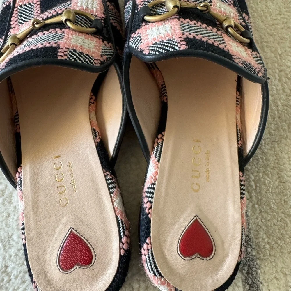 Gucci Princetown Pink and Black Plaid mules with Gold Detail - Picture 2 of 6